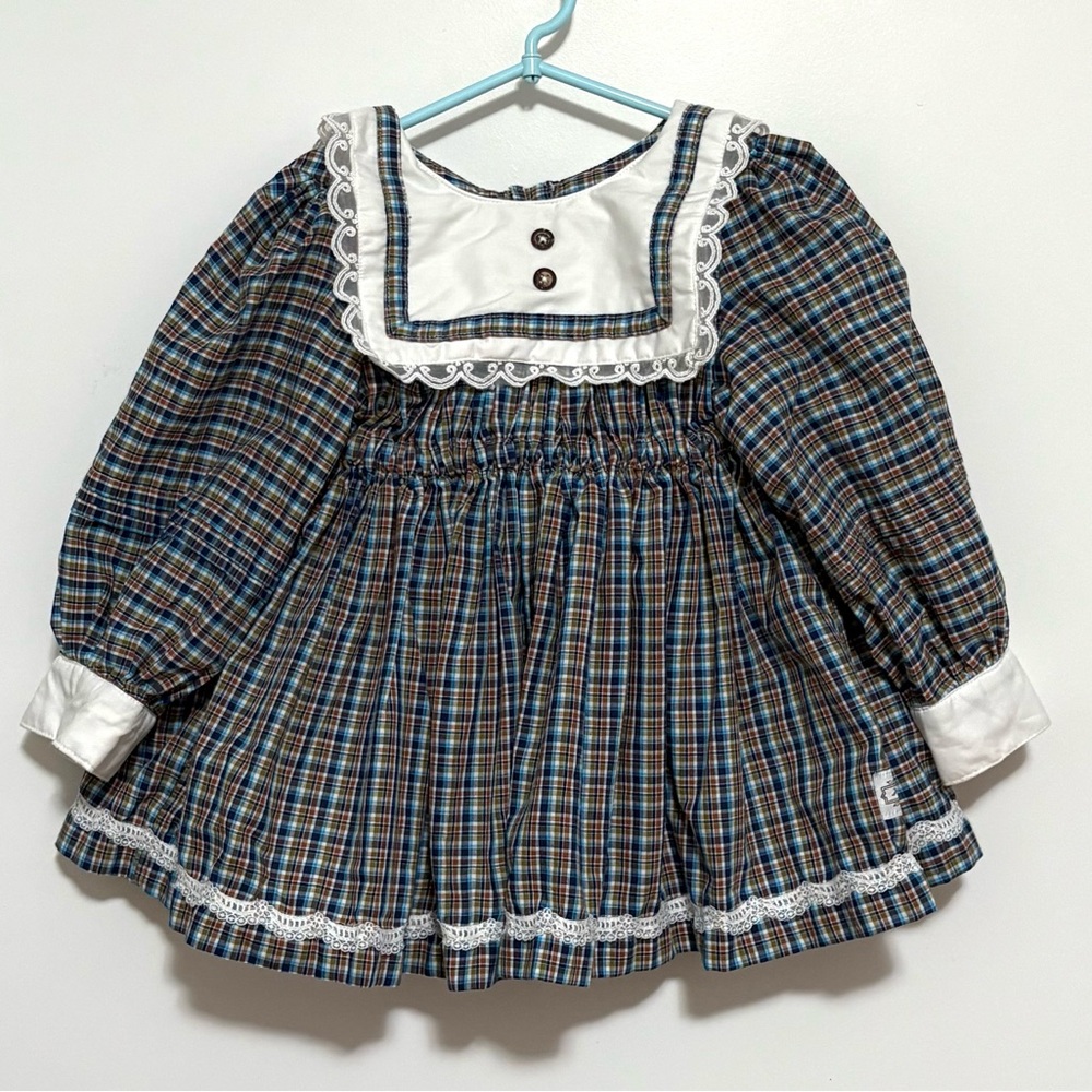 Vintage Hailey & Co. Plaid Long Sleeve Dress with Lace Trim EUC 3T